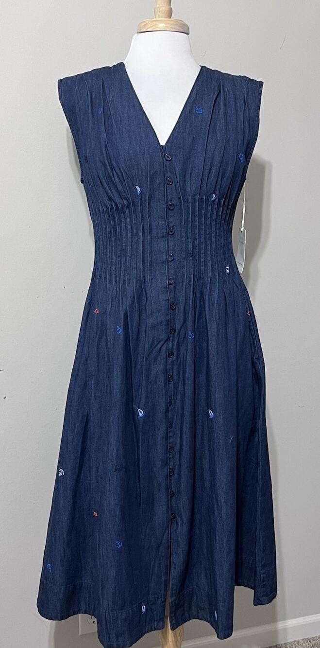 Free Assembly size S Denim Midi Jumper Dress Pintuck Embroidered Coastal Regatta